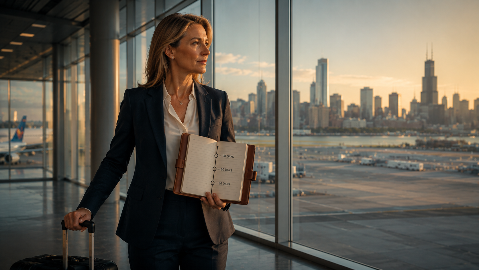 European business woman landing in the usa for meetings