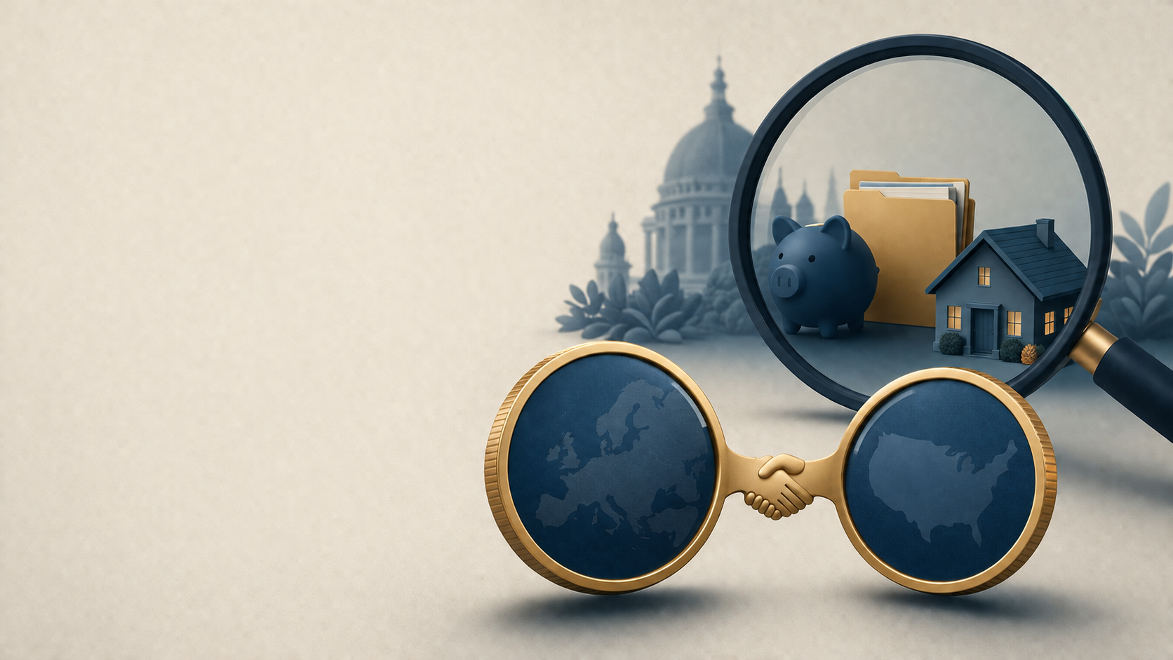 Editorial illustration contrasting a calm cross-border coin exchange with a magnifying glass over European personal assets — StateMinded blog on the real US tax risk for EU founders.