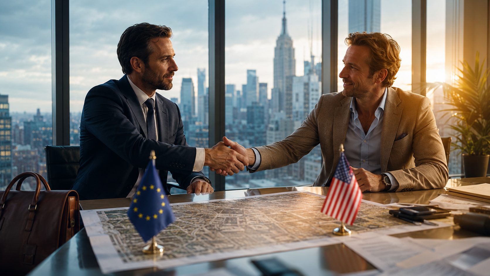 EU and US manager shaking hands with new york background